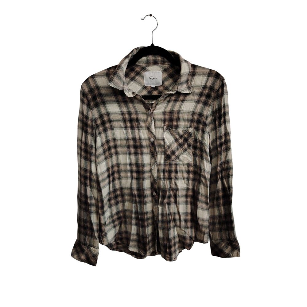 Rails Women's Small Tan, Black, & White Flannel Plaid Button UP LongSleeve Shirt